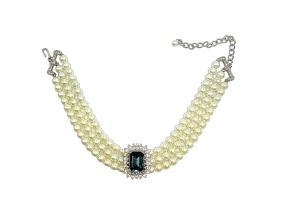 3 Row Pearl Choker With Sapphire and Crystal Center