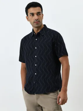 Ascot Navy Wavy Striped Relaxed-Fit Blended Linen Shirt