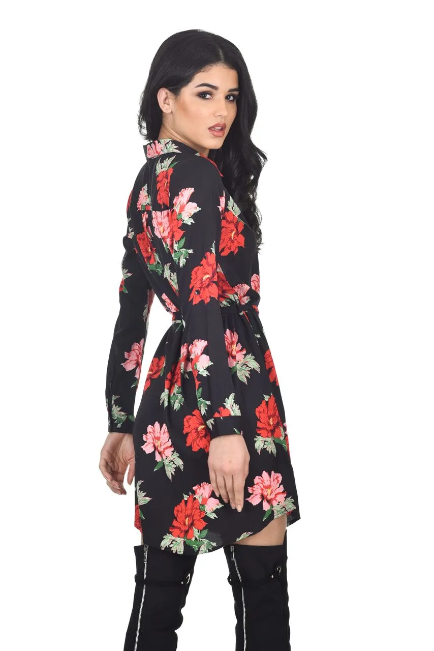 Black Floral Printed Shirt Dress