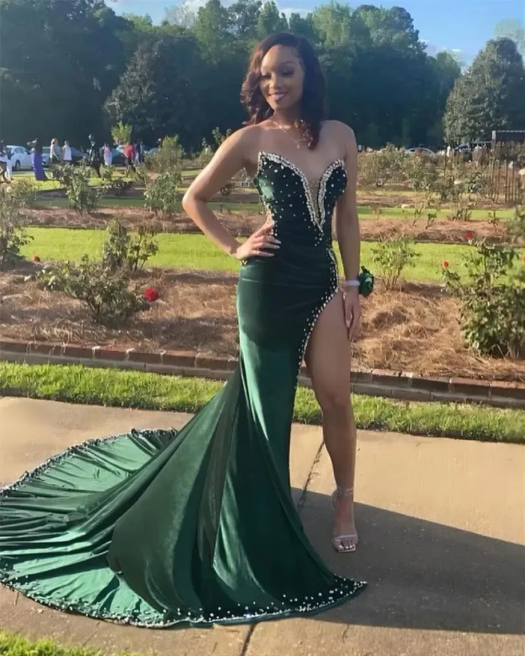 Black Girl Prom Dresses Long Mermaid Green Prom Gown With Train,DP0103