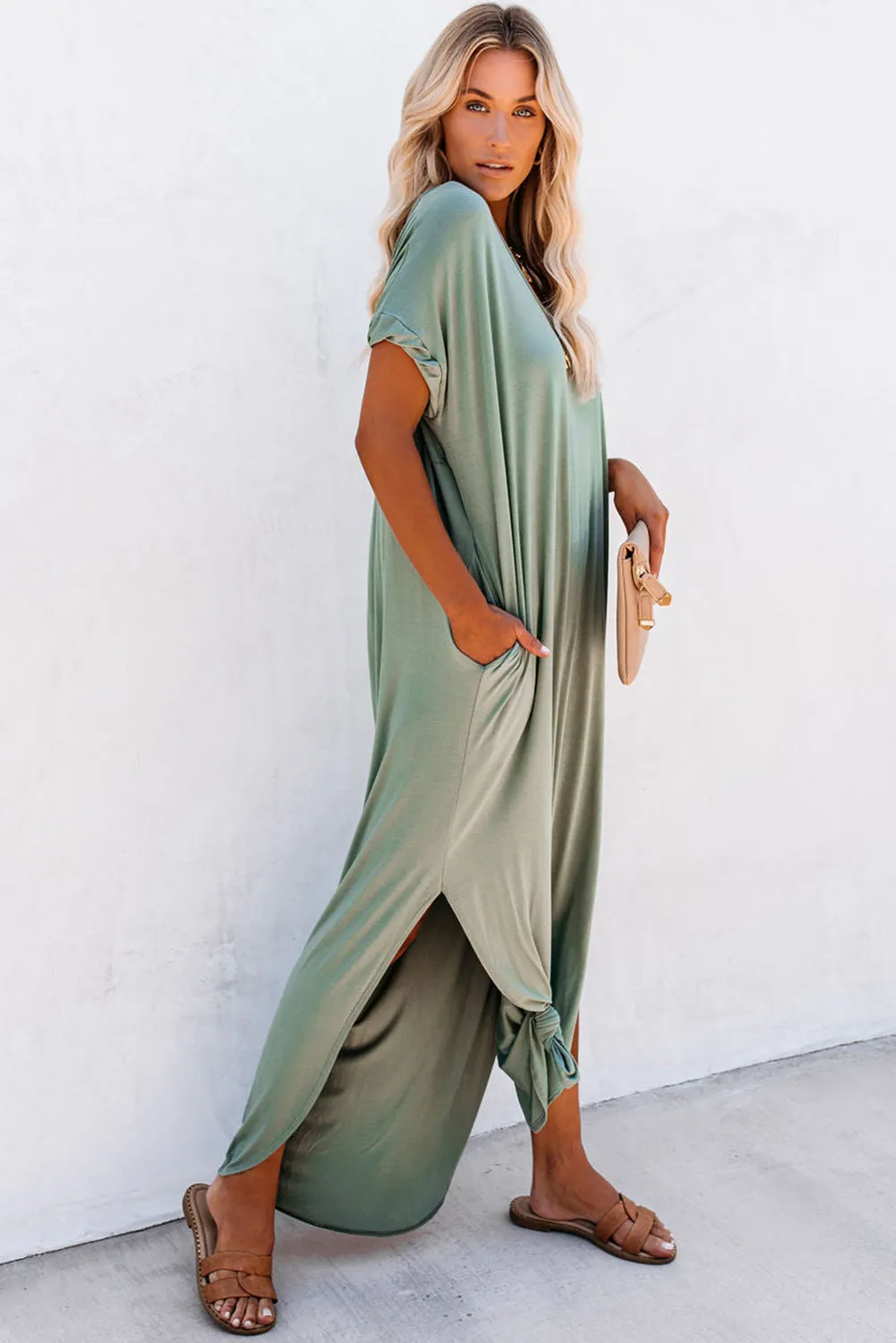 Black Solid Color Hidden Pocket V Neck Slit Maxi Dress