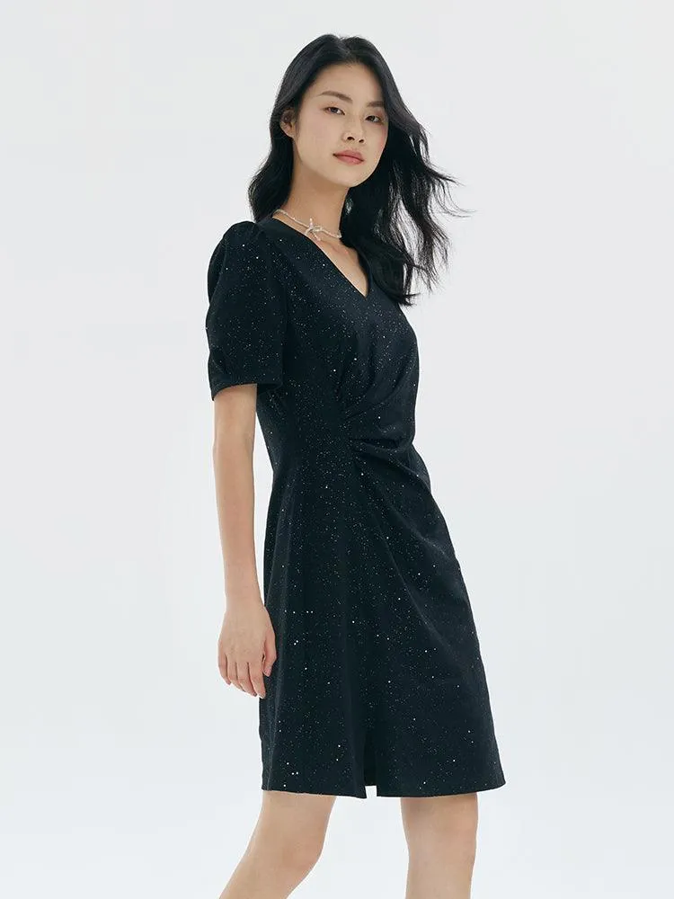 Black V-Neck Asymmetrical Pleated Dress