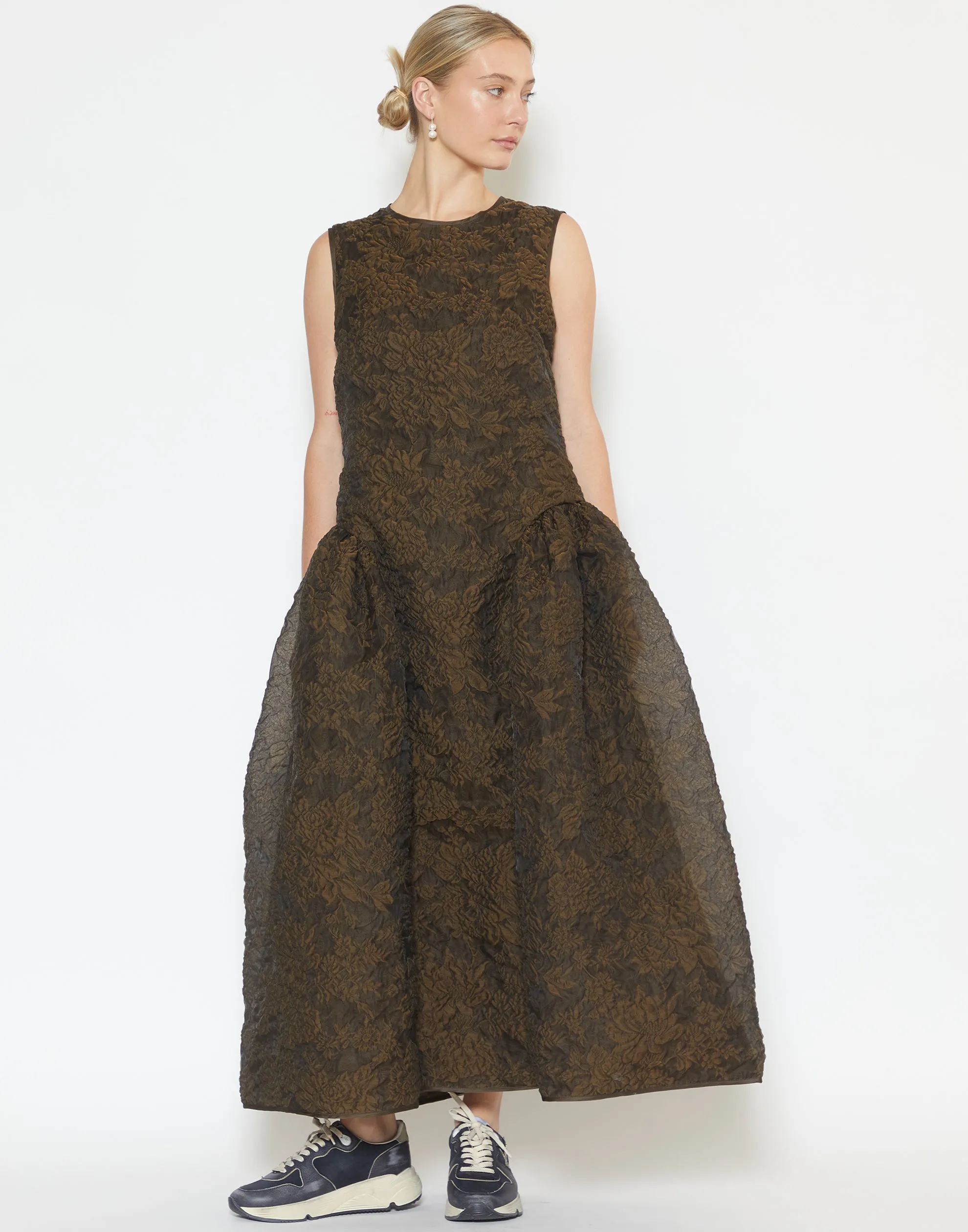 Brown Cotton Blend Matelassé Gine Dress