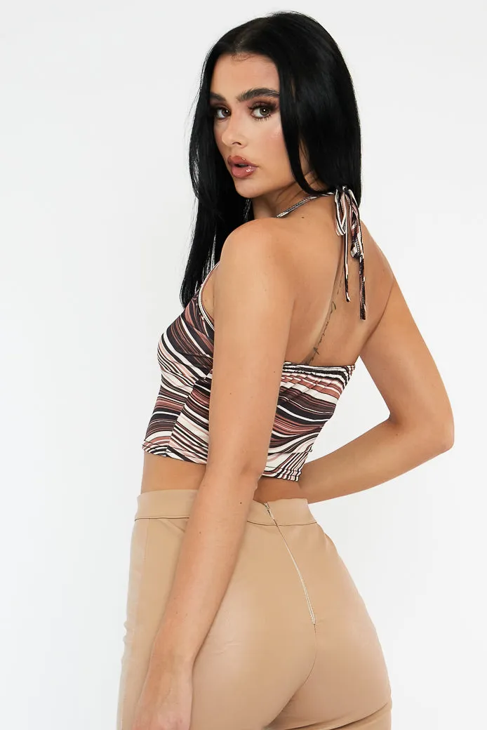 Brown Marble Print Halterneck Crop Top - Ruxin