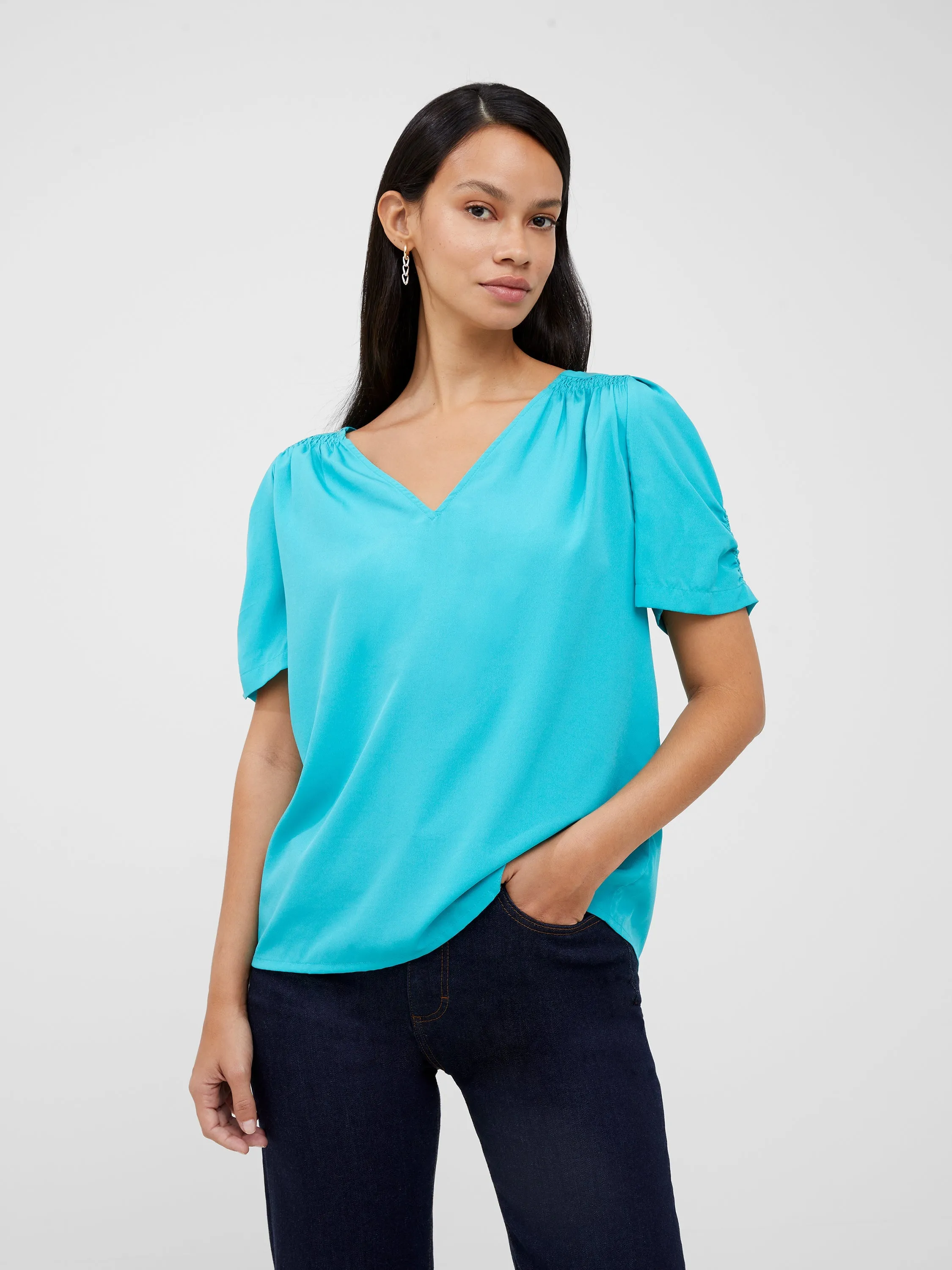 Crepe Recycled V Neck Smocked Top