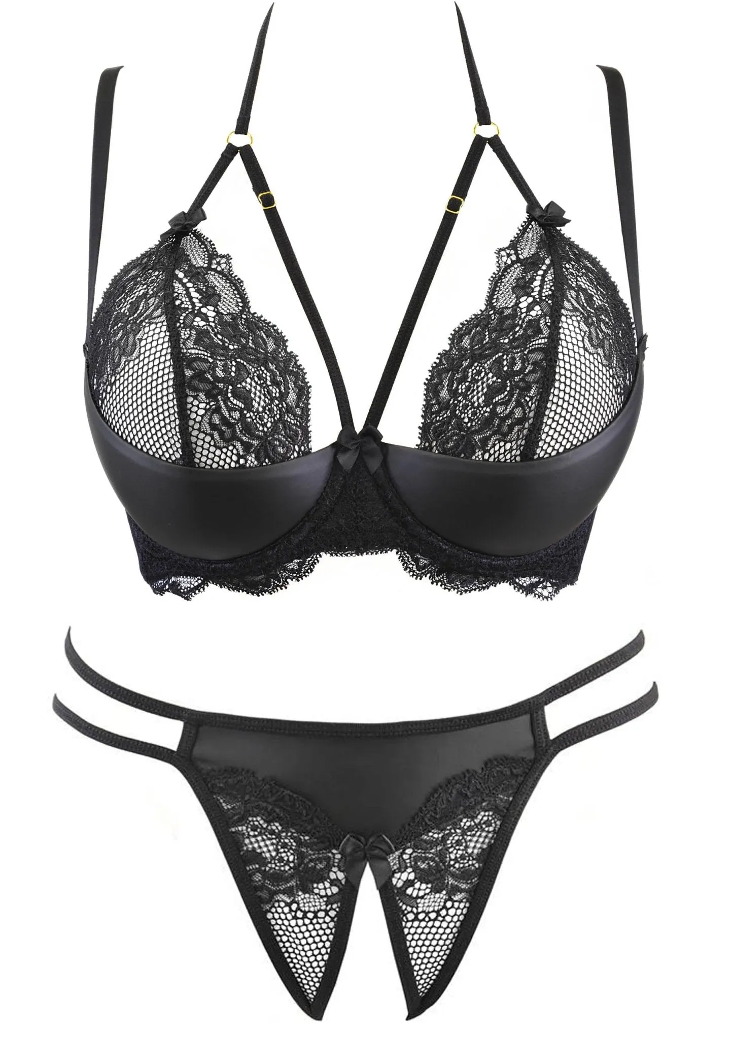 Crotchless Faux Leather & Lace Open Cup Bra Set