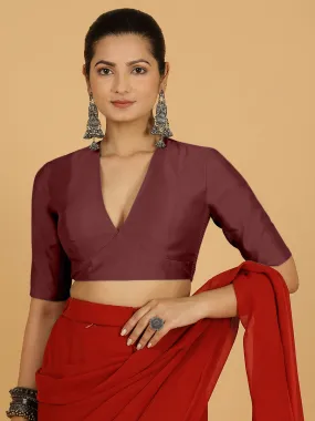 Damini x Rozaana | Deep Maroon Elbow Sleeves V-Neck Saree Blouse