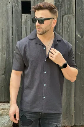 Dark Grey Oversized Cuban Collar Self Design Shirt