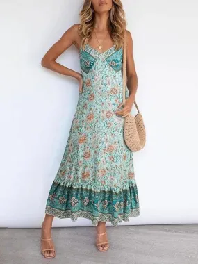 Deep V Neck Sling Floral Print Dress