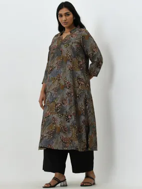 Diza Grey Leaf Printed A-Line Kurta