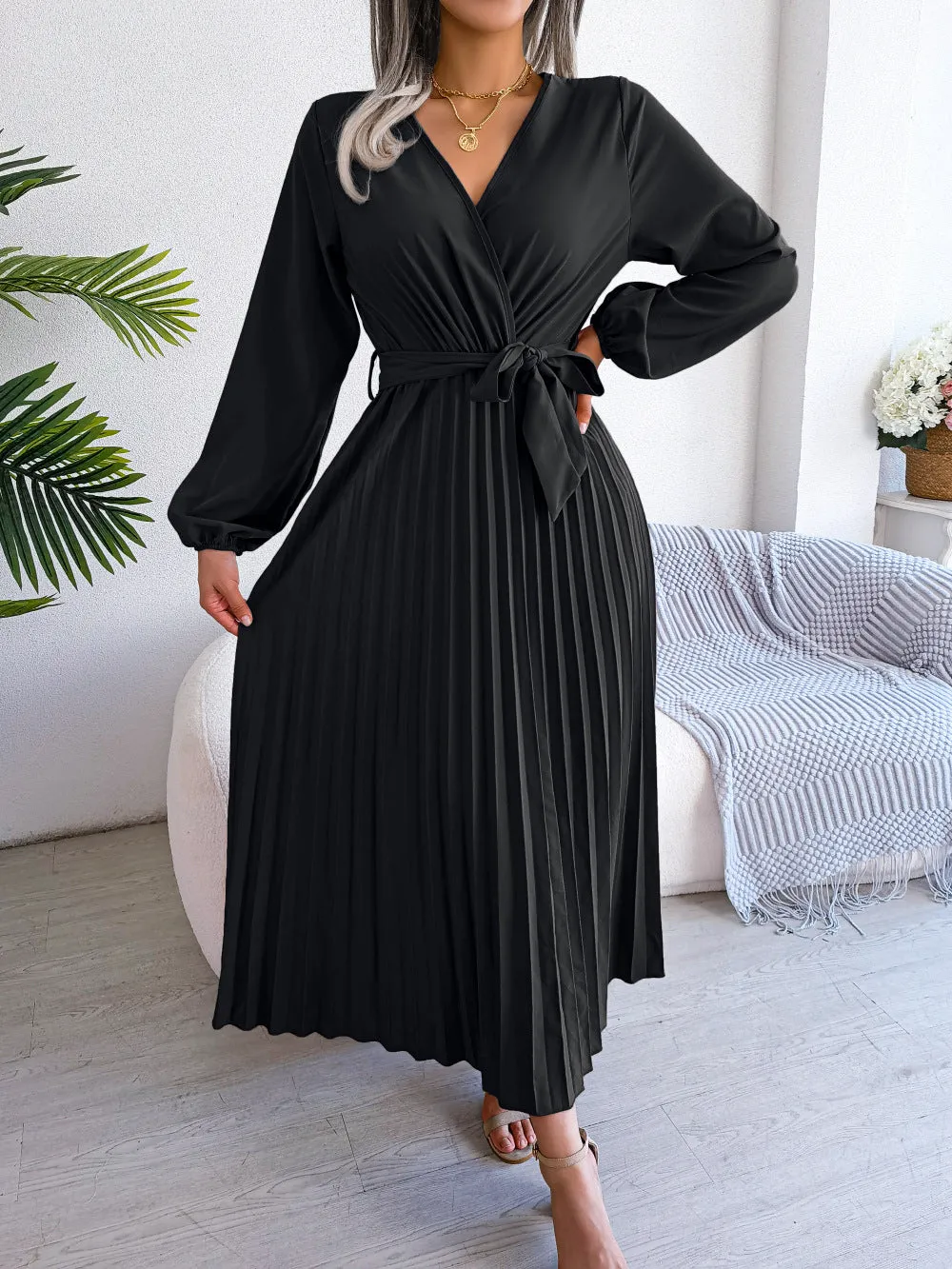 DressBetty - Cross V-neck Long Sleeve Dress