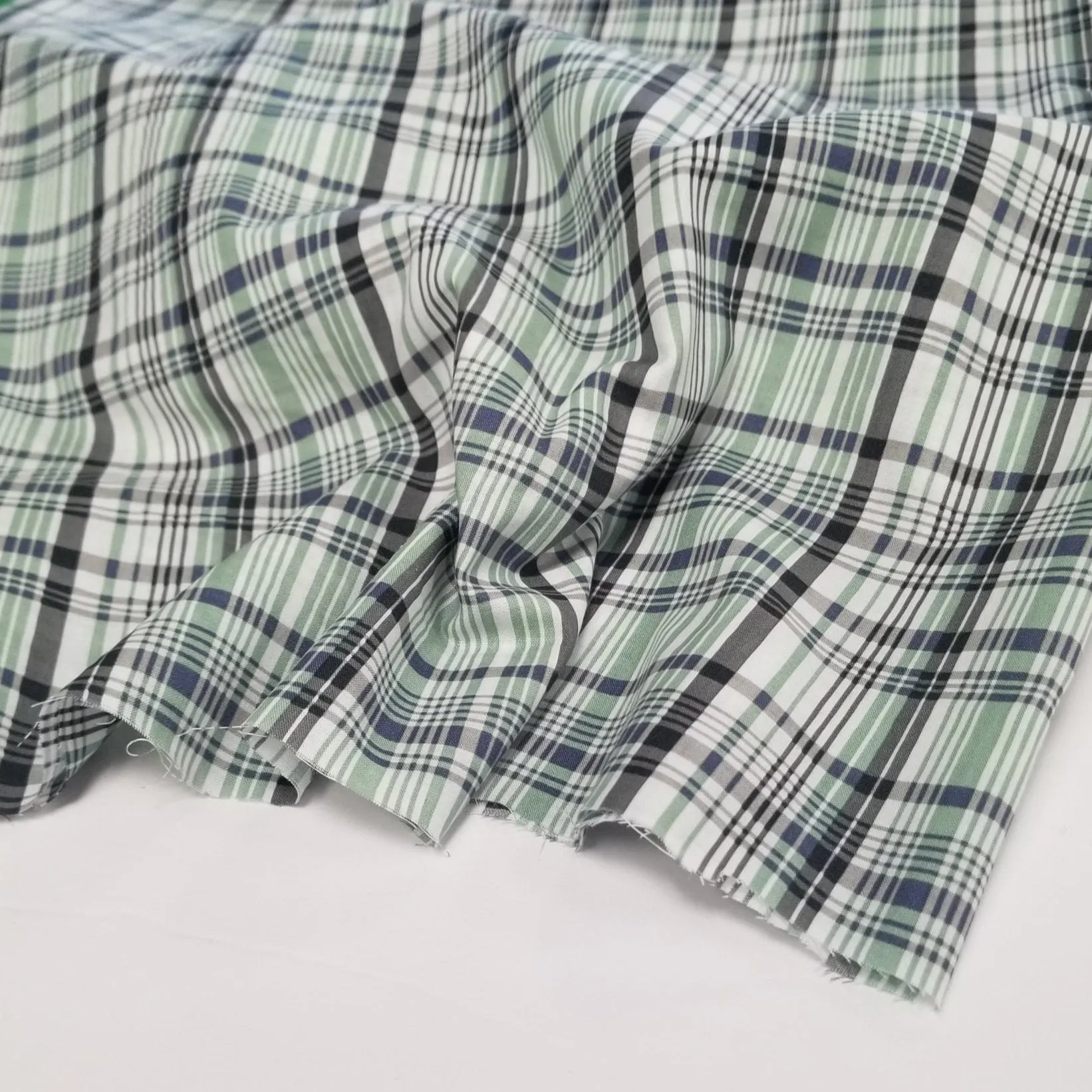 End of BOlt: 2.5 yards of Designer Deadstock Plaid Green Ivory and Charcoal Cotton Lawn Shirting Woven-remnant