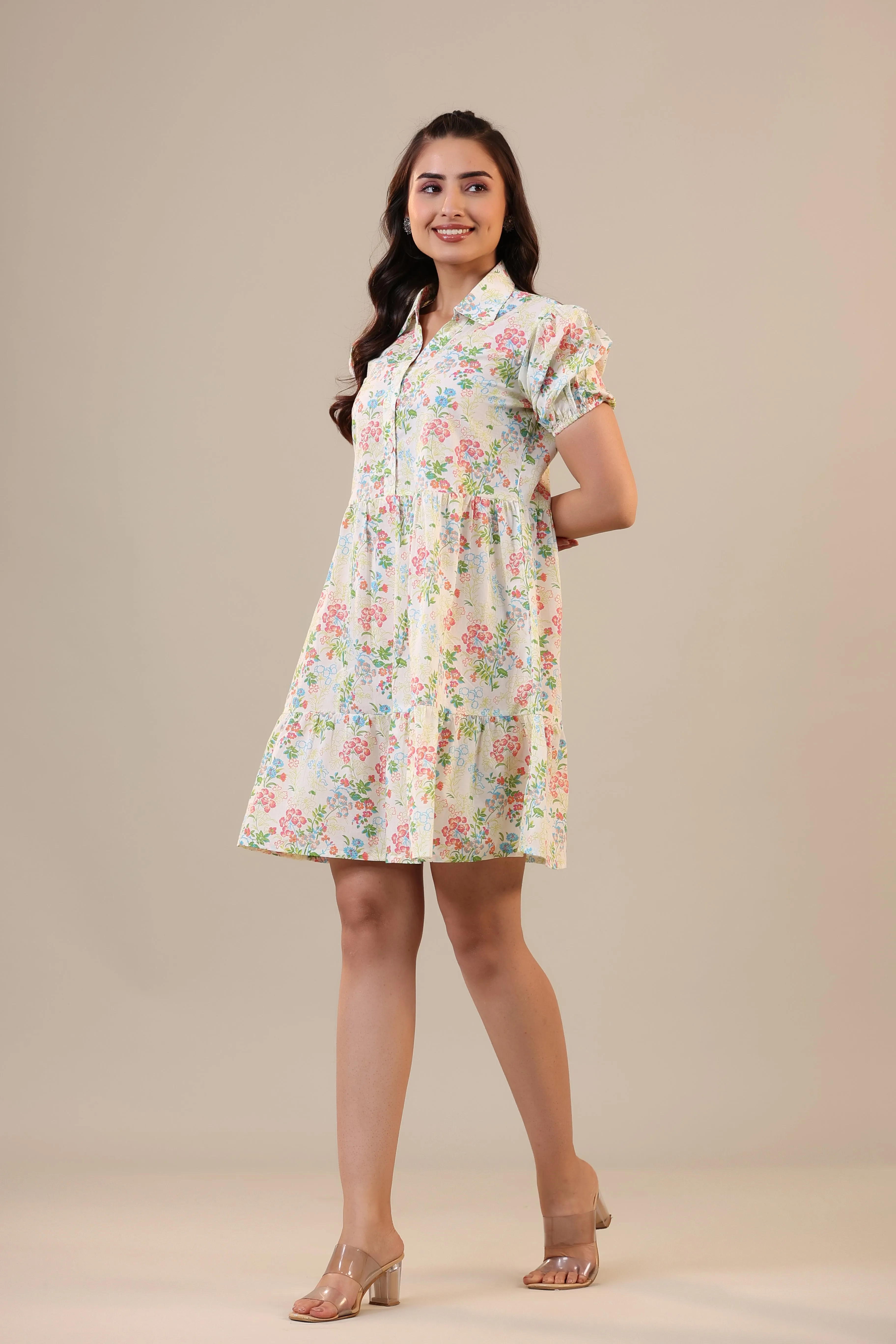 Floral Canopies on Off white Collared T-shirt dress