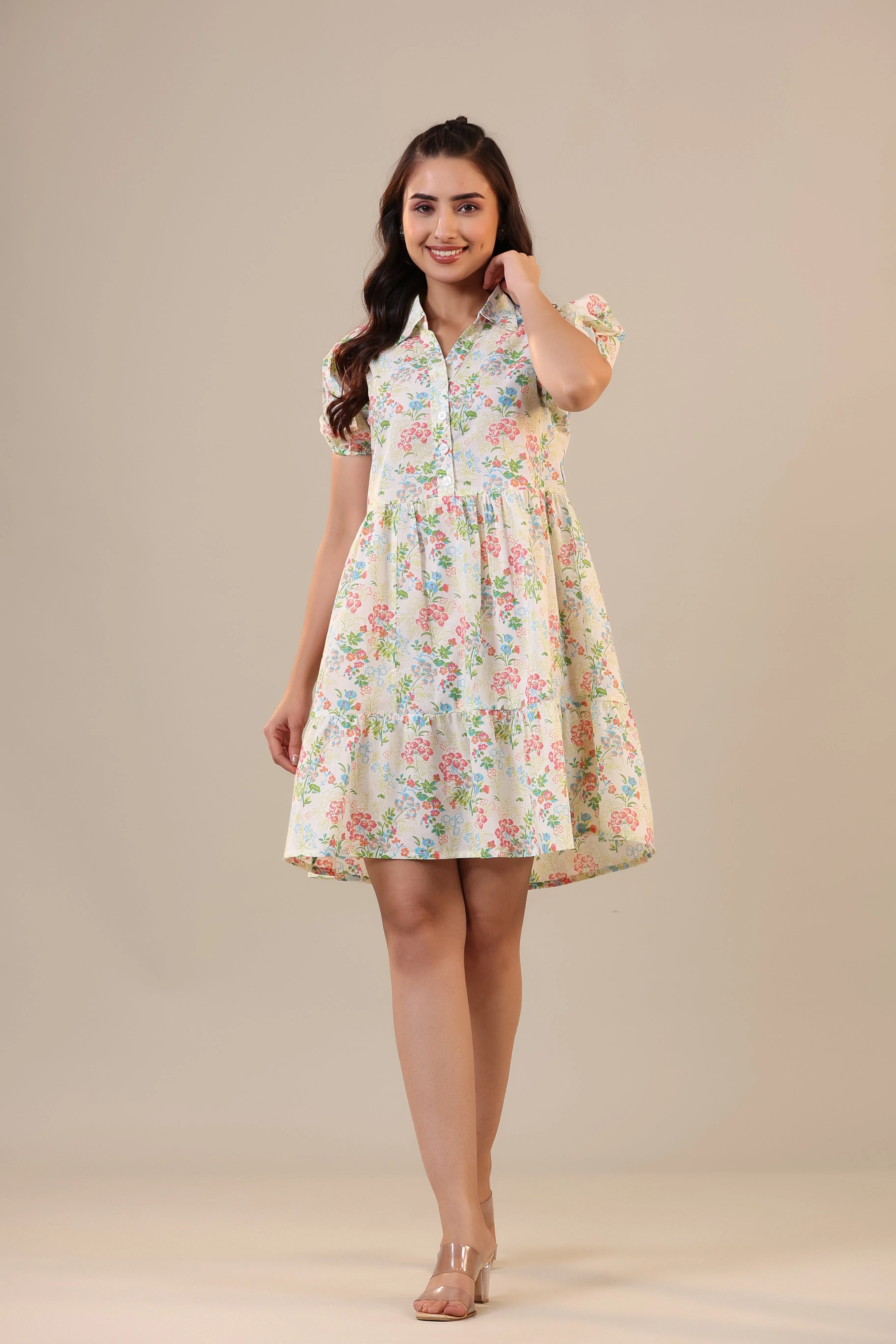 Floral Canopies on Off white Collared T-shirt dress