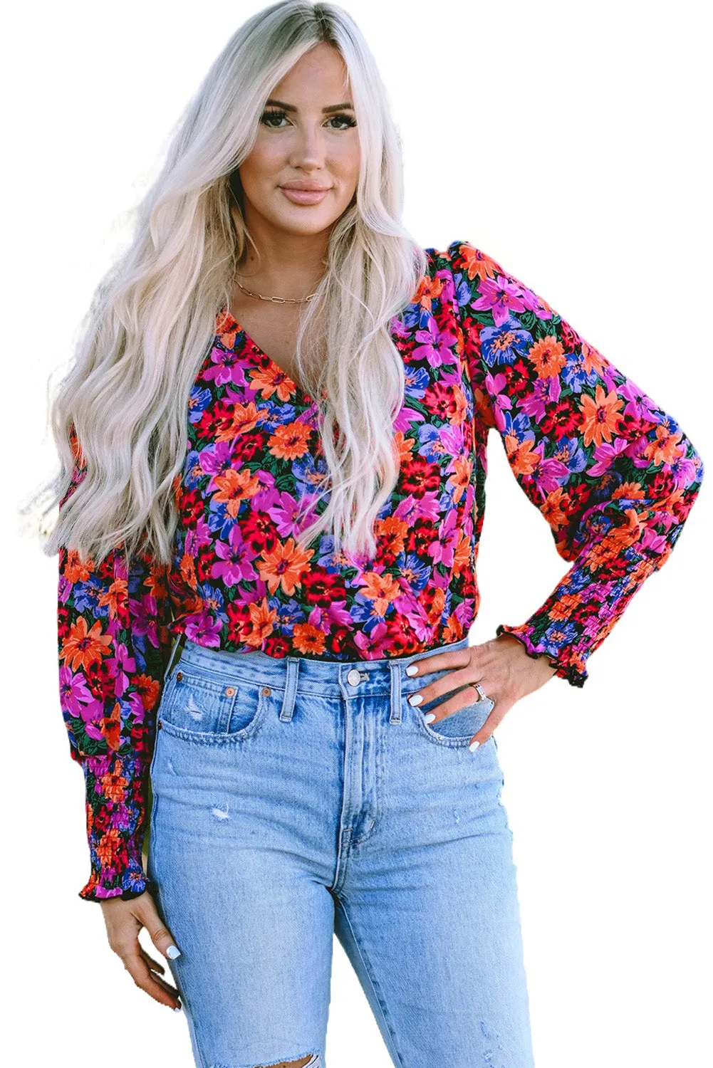 Floral Print Wrap V Neck Long Sleeve Bodysuit