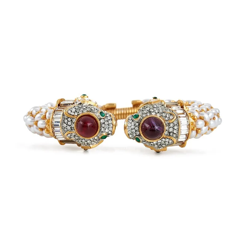 Gold and Rhine Pearl Cabochons Ruby Bracelet