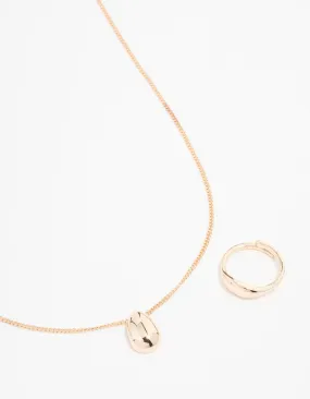 Gold Smooth Stone Necklace & Ring Set