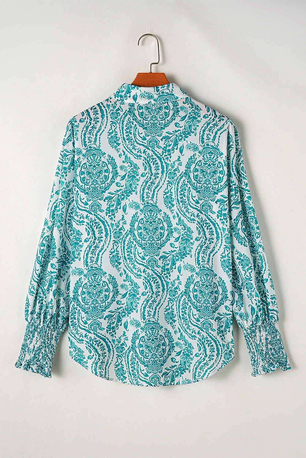 Green Paisley Print Smocked Cuff Buttoned Loose Shirt