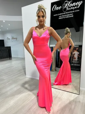 Honey Couture CYRUS Neon Fuchsia Pink Bum Scrunch Low Back Mermaid Formal Dress