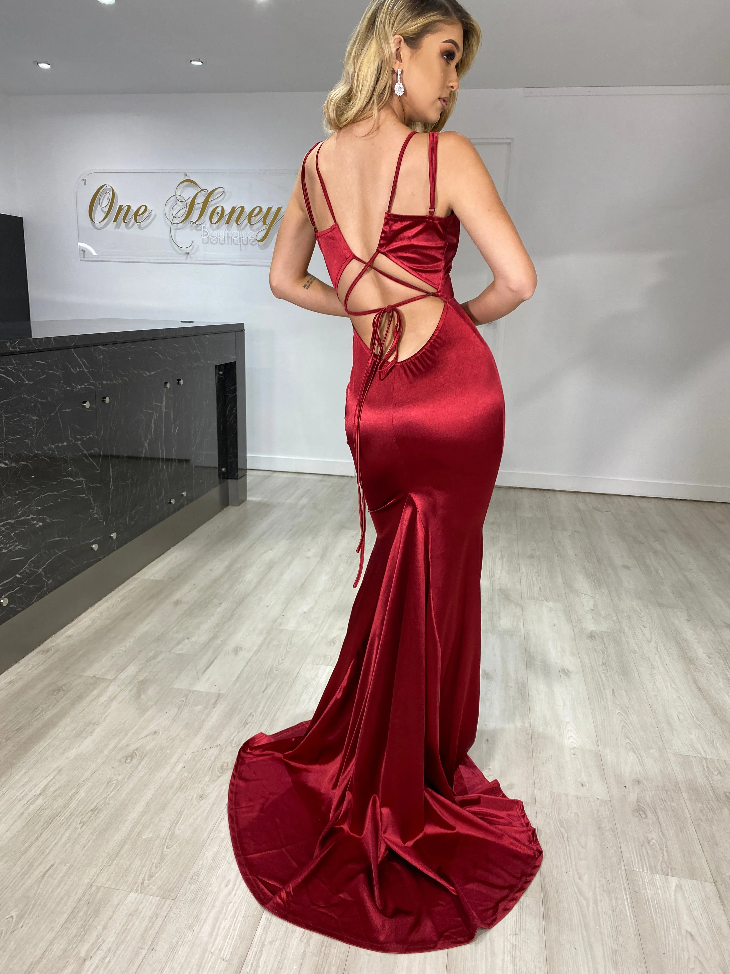 Honey Couture IMOGEN Burgundy Low Back Mermaid Formal Dress