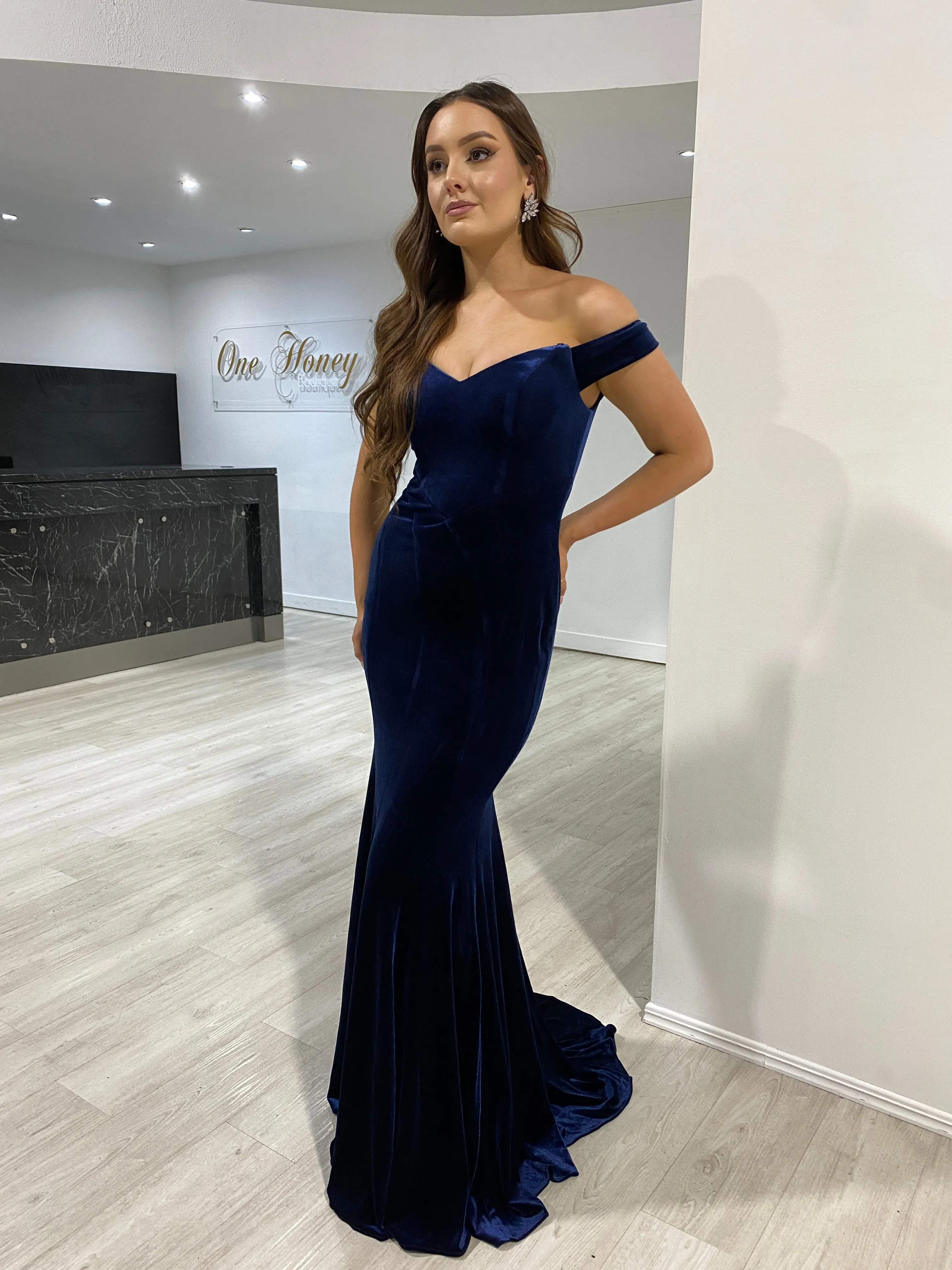 Honey Couture INGRID Navy Off the Shoulder Velour Mermaid Formal Dress