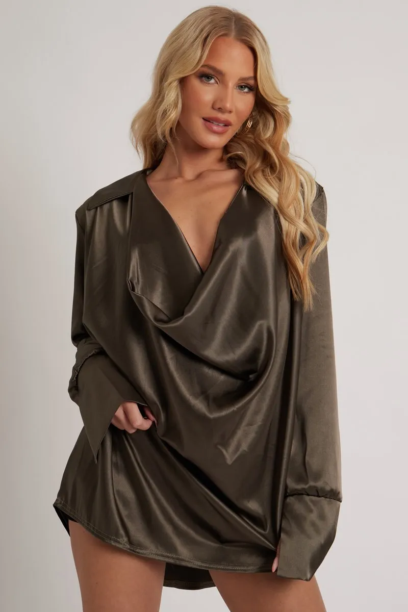 Khaki Satin Extreme Cowl Neck Shirt - Luca