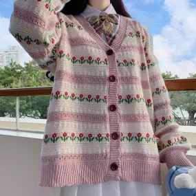 Knitted Cardigan with Floral Pattern