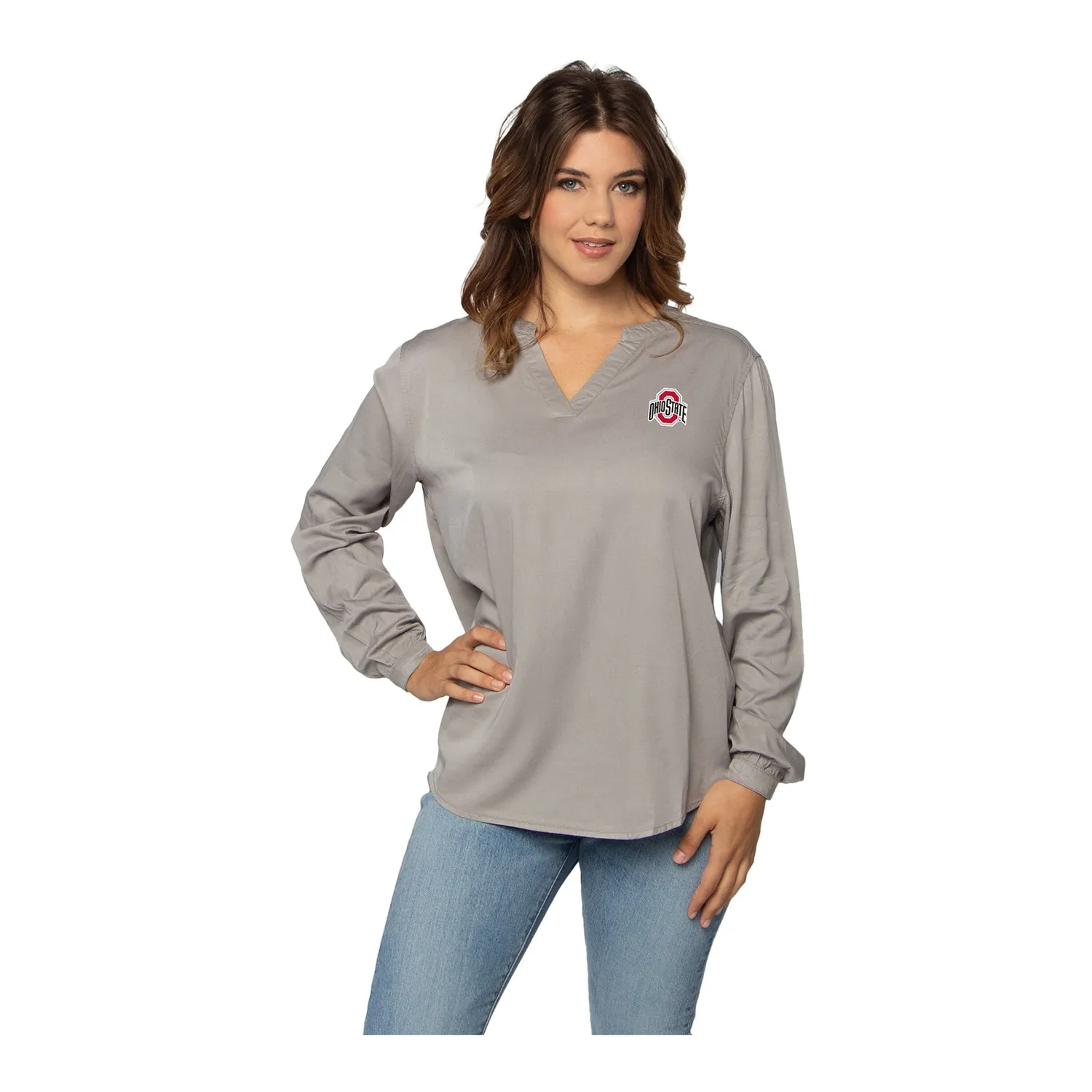 Ladies Ohio State Buckeyes Lux Wash Split Neck Long Sleeve Gray Tunic