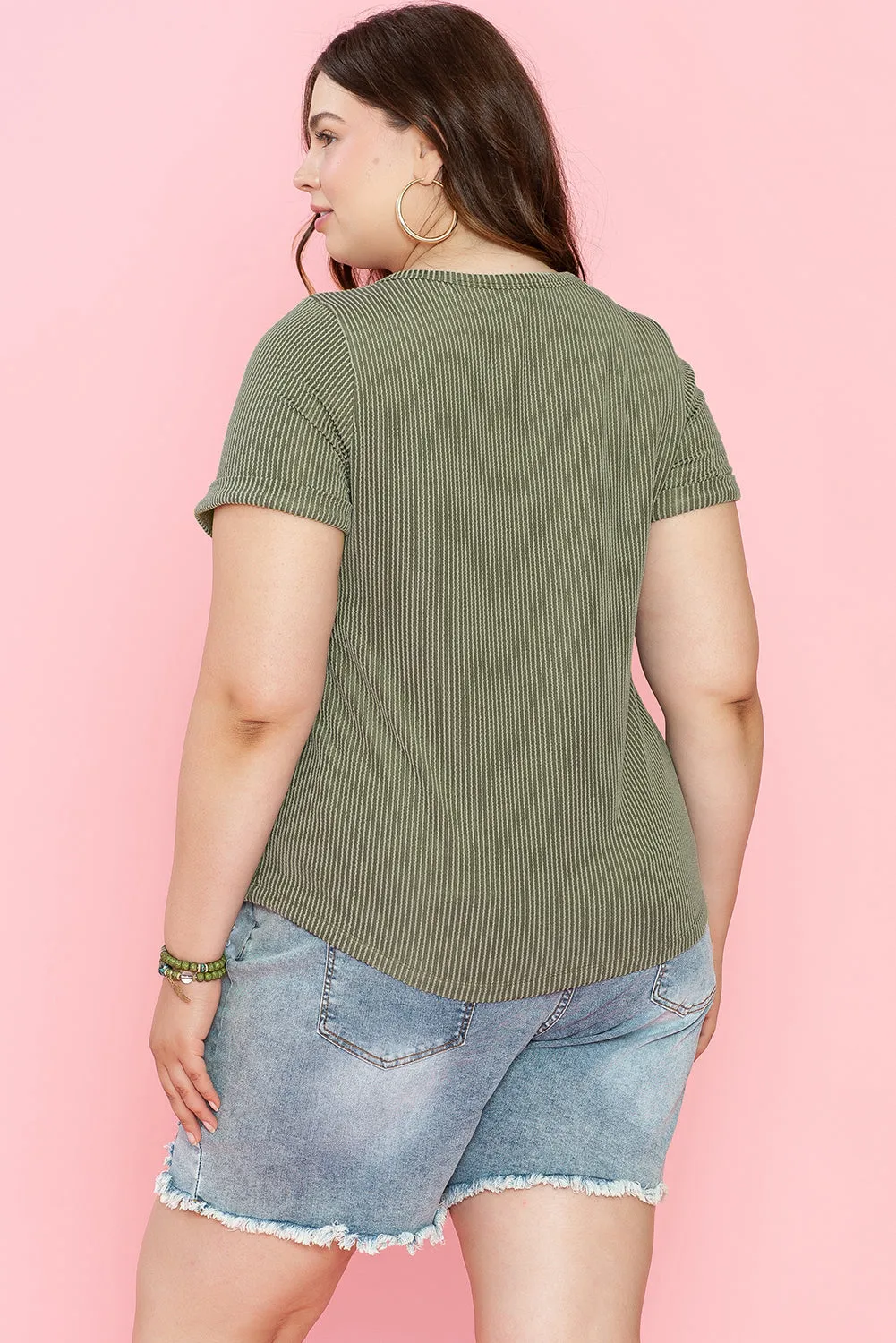 Meadow Mist Green Plus Size Corded V Neck Patch Pocket Tee