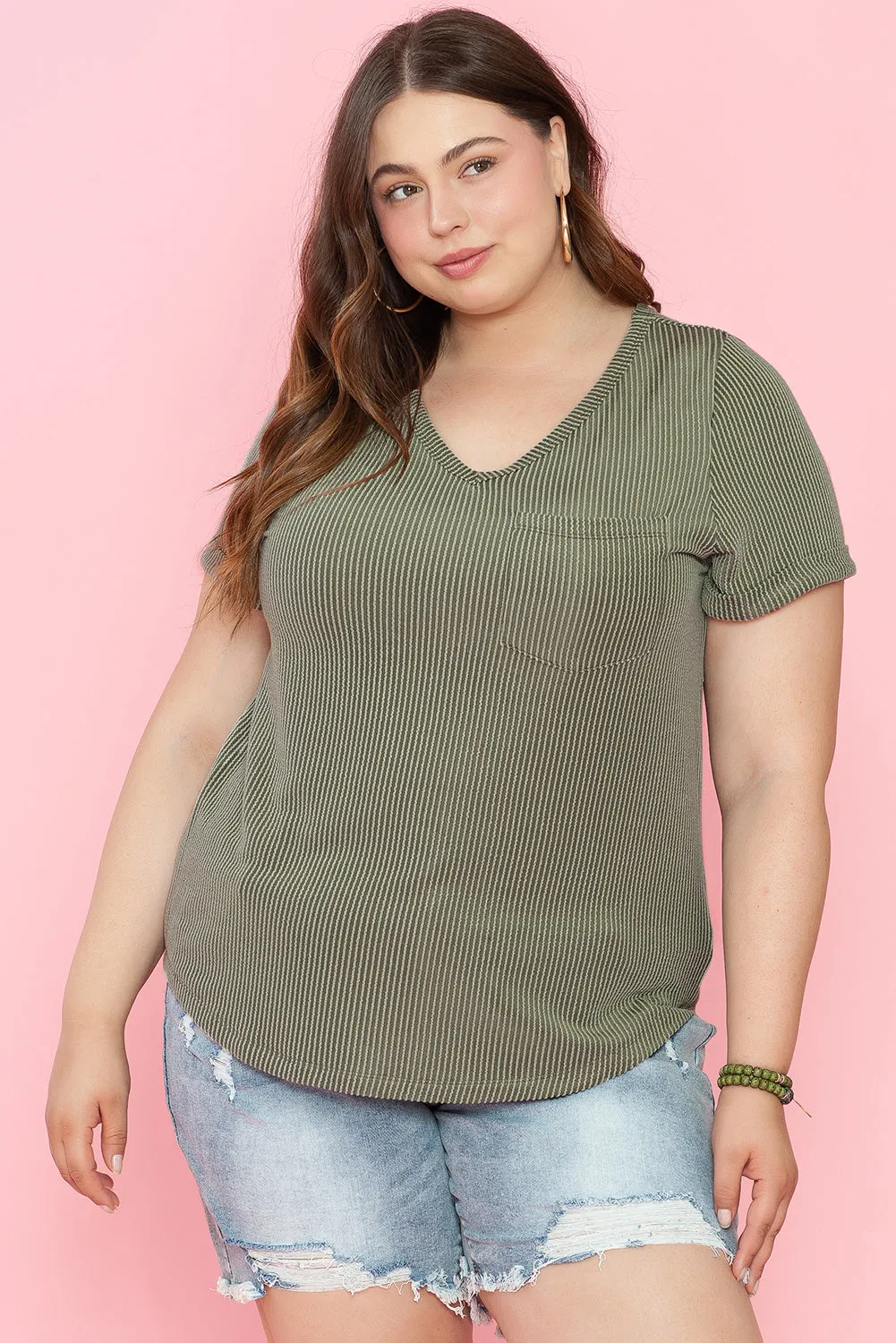 Meadow Mist Green Plus Size Corded V Neck Patch Pocket Tee