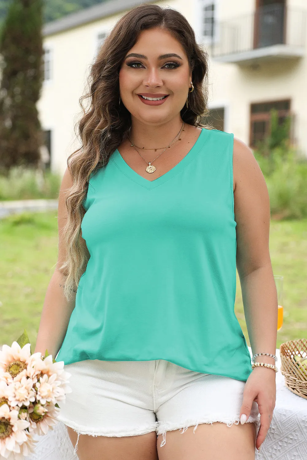 Mint Green V Neck Shift Plus Size Tank Top