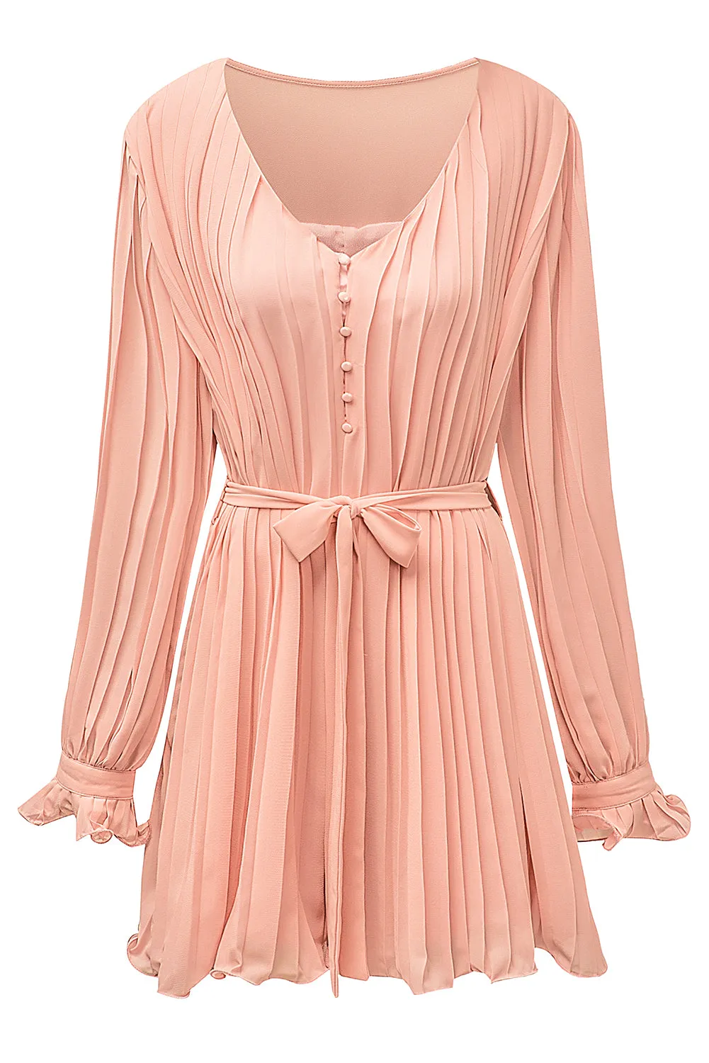 Pink Pleated Ruffled Tie Waist Buttons V Neck Romper