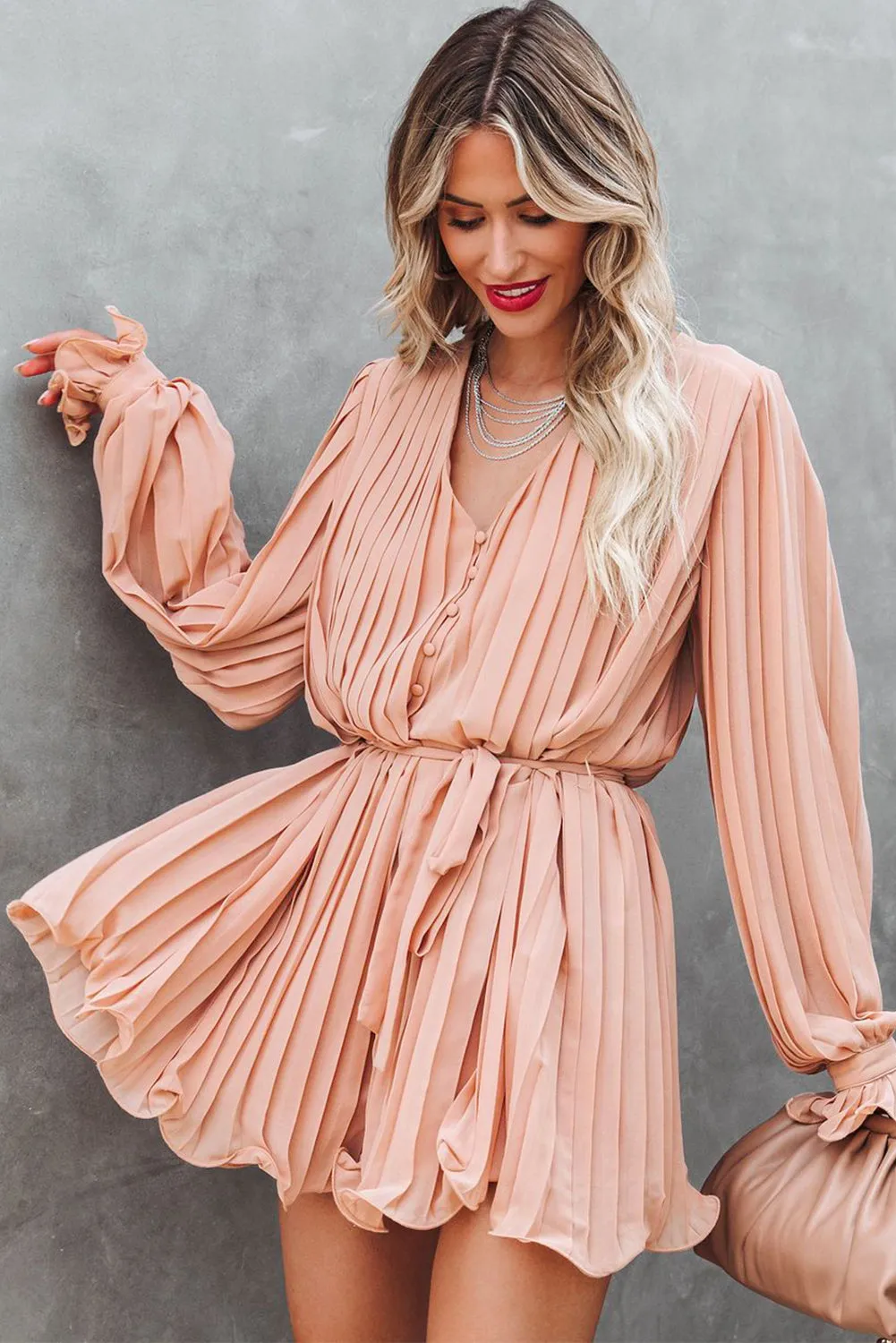 Pink Pleated Ruffled Tie Waist Buttons V Neck Romper