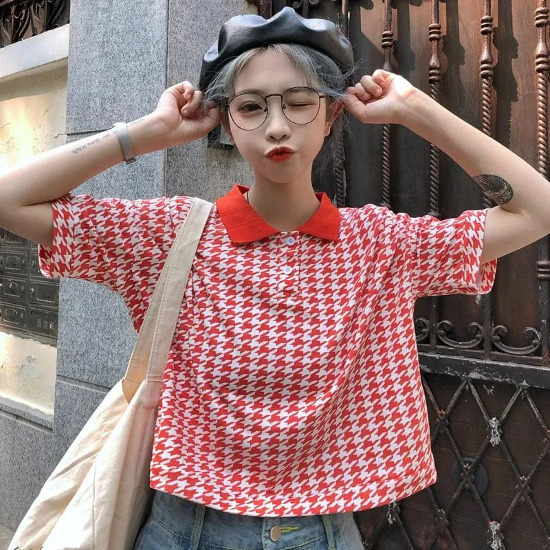 Plaid Tee with Collar and Buttons