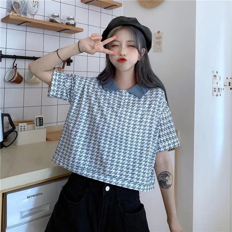 Plaid Tee with Collar and Buttons