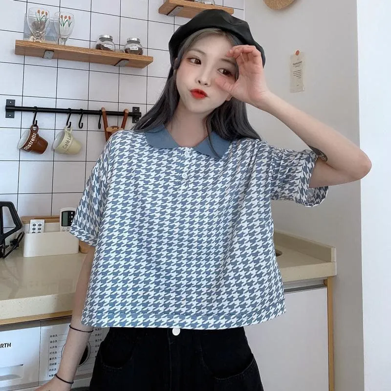 Plaid Tee with Collar and Buttons