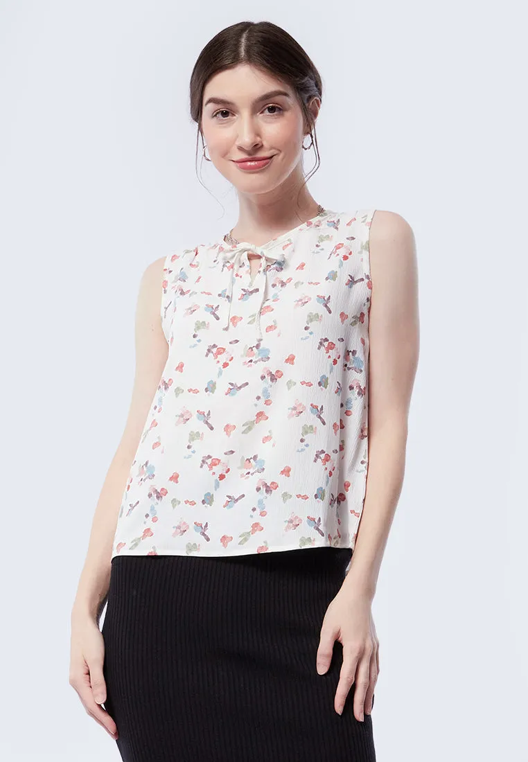 Printed Sleeveless Ribbon Blouse