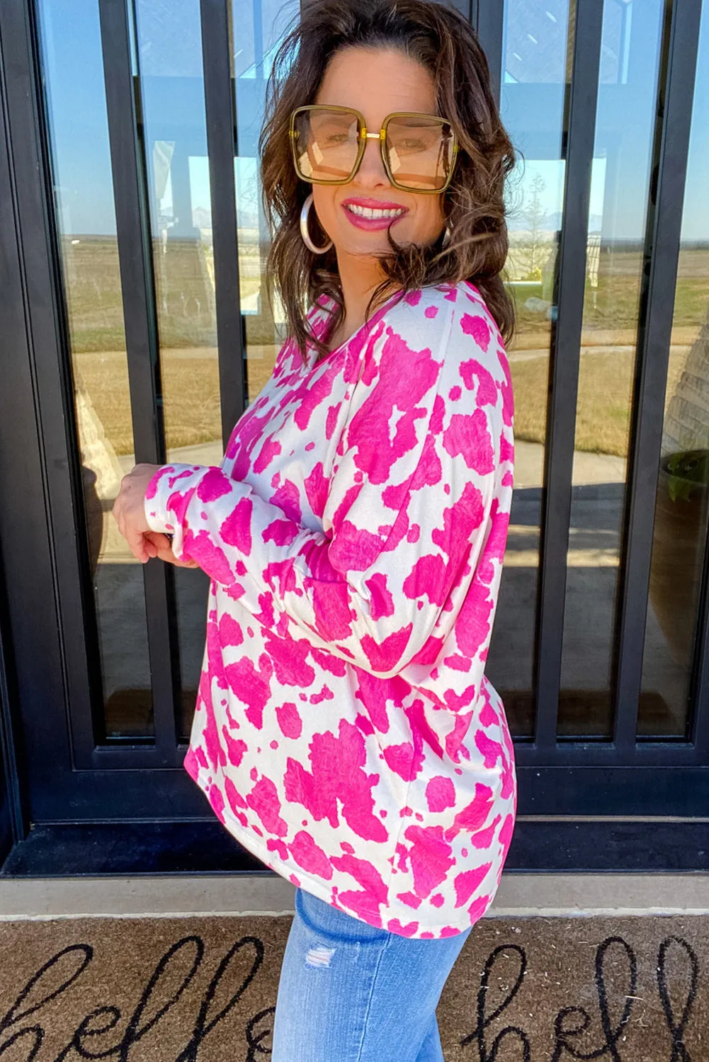 Rose Animal Print Long Sleeve V Neck Plus Size Top