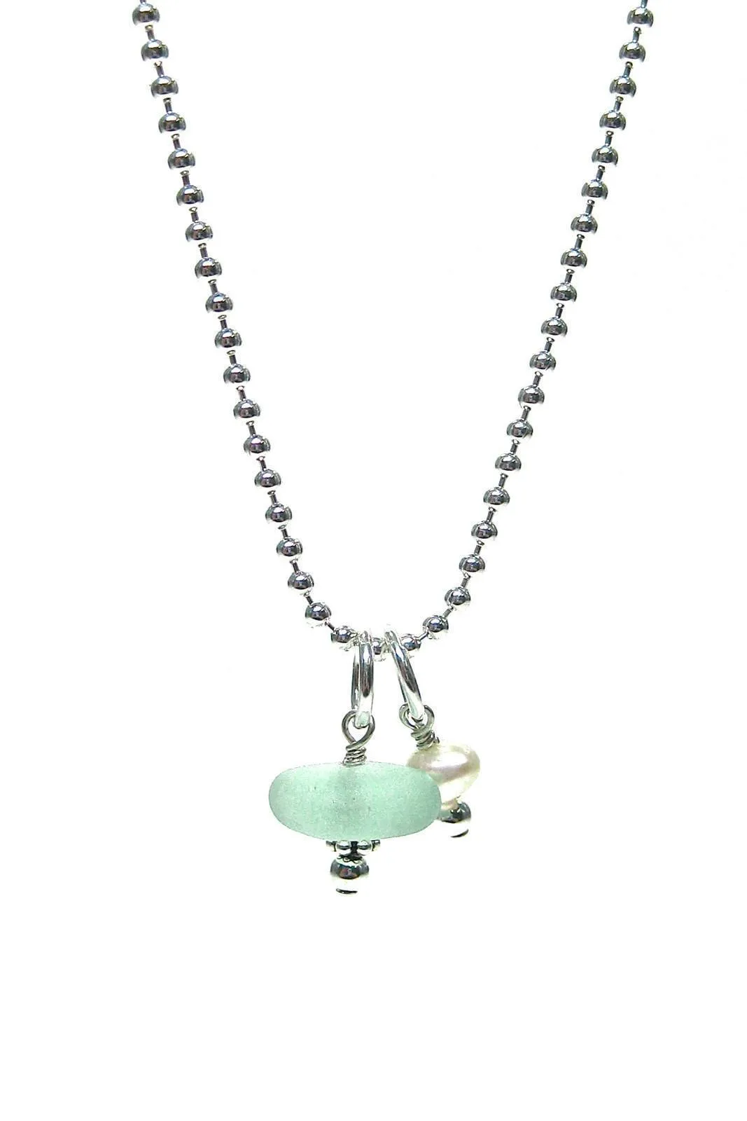 Sea Glass Charm & Pearl Necklace with Gift Box