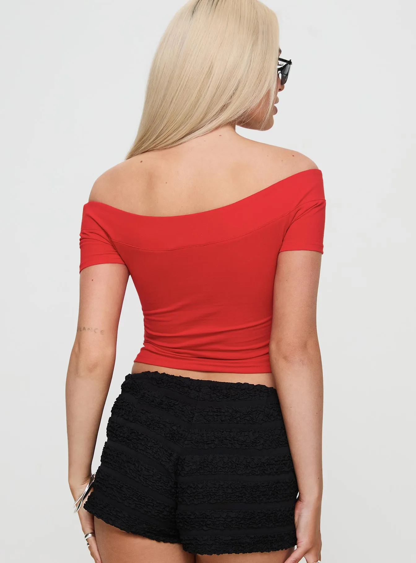 Serendipia Off The Shoulder Graphic Top Red