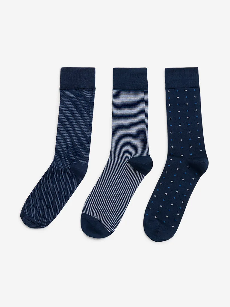 WES Lounge Navy Printed Socks - Pack of 3