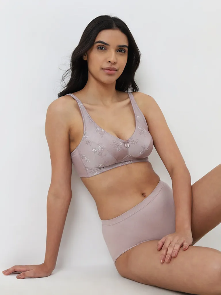 Wunderlove Mauve Floral Designed Padded Comfort Bra