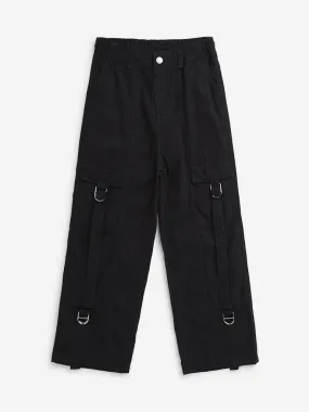 Y&F Kids Black Cargo-Style Mid-Rise Cotton Trousers