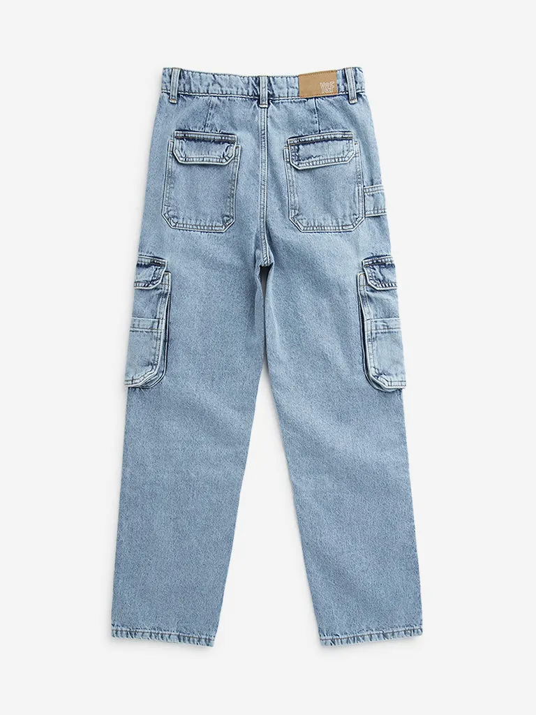 Y&F Kids Blue Cargo-Style Mid-Rise Relaxed-Fit Jeans